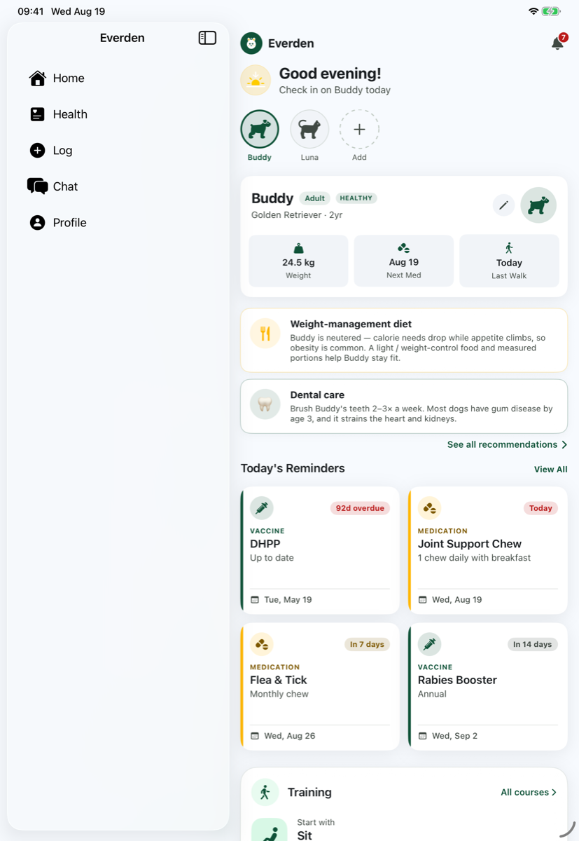 Everden on iPad — the home dashboard laid out for the larger screen