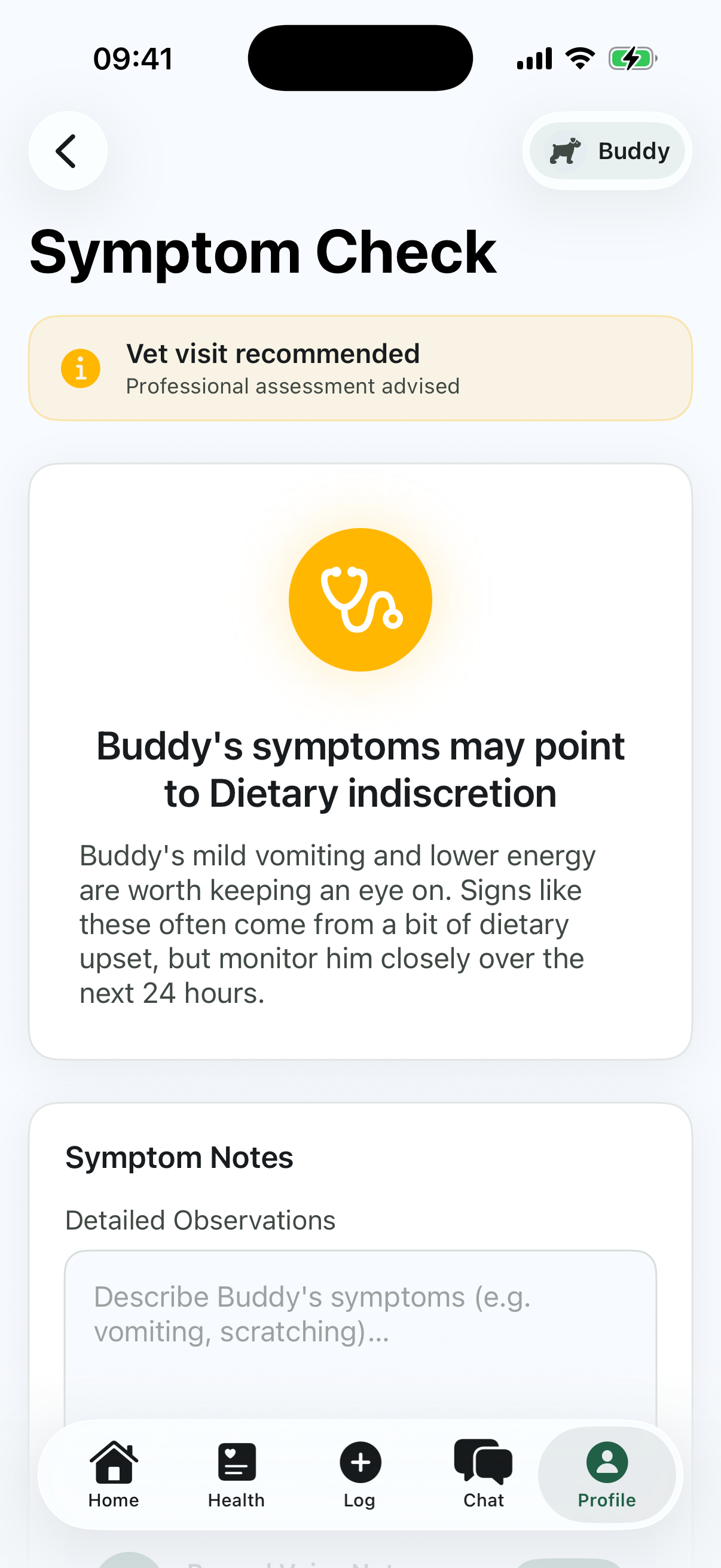 AI symptom analysis with a green, yellow and red urgency rating