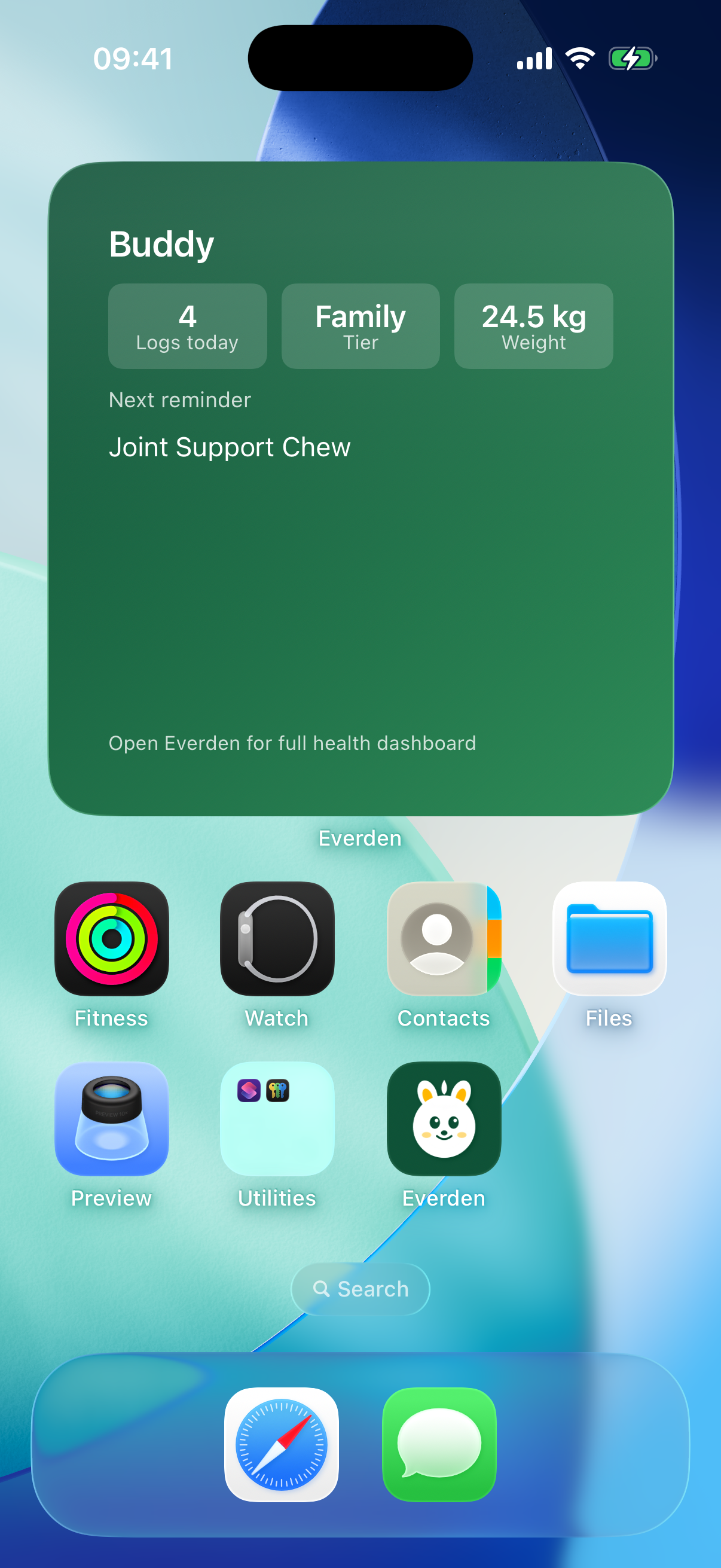 Everden home-screen widget showing today’s logs, next reminder and weight